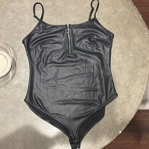 Iris black faux leather one piece bodysuit